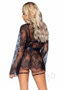 Leg Avenue Eyelash Lace Garter Teddy With G-string Back And Adjustable Straps, Lace Robe And Ribbon Tie (3 Piece) - Medium - Black