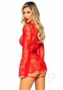 Leg Avenue Eyelash Lace Garter Teddy With G-string Back And Adjustable Straps, Lace Robe And Ribbon Tie (3 Pieces) - Small - Red
