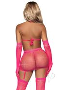 Leg Avenue Rhinestone Fishnet Garter Skirt Set With Bikini Top, G-string, Gloves And Matching Stockings (5 Piece) - O/s - Neon Pink