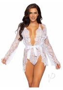 Leg Avenue Floral Lace Teddy With Adjustable Straps And Cheeky Thong Back Matching Lace Robe With Scalloped Trim And Satin Tie - Small - White